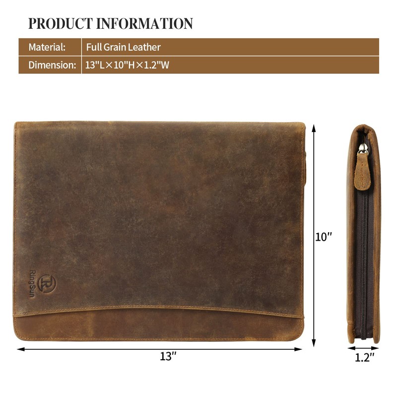 Ringsun Leather Portfolio Organizer with Zipper for Men Women, Leather
