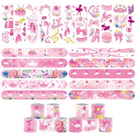 LSJDEER 60PCS Ballerina Party Set, 30PCS Temporary Tattoos, 30PCS Slap Bracelets, Ballet Themed Birthday Supplies, Women Dance Party decoration, Baby Shower Gifts, Classroom Rewards, Decor for Kids