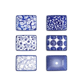 Selamica Ceramic Soy Sauce Dish, Rectangulal Side Dishes, 3.75 Inch Dipping Bowls for Sauce Ketchup Sushi Condiment Seasoning, Set of 6, Vintage Blue