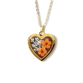 Handmade Heart Shaped Dried Pressed Forget Me Not Flower Photo Locket Pendant Necklace (Gold, Orange Flower On Brown)