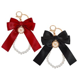 Beebeecraft 1 Box 2Pcs Bow Key Chains for Women Bowknot Black Red Aesthetic Pearl Key Chains Wristlet Bag Charms for Purse Car Keys Tote Backpack Accessories Decoration Gifts