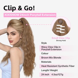 XIXISNOW Claw Clip Ponytail Extension for Women 24'' Clip On Synthetic Hair with Fluffy Layered Wavy Heat Resistant & Natural Look Curly Fake Hair Pony Tail Extensions (Brown Mix Blonde, 4.5OZ)