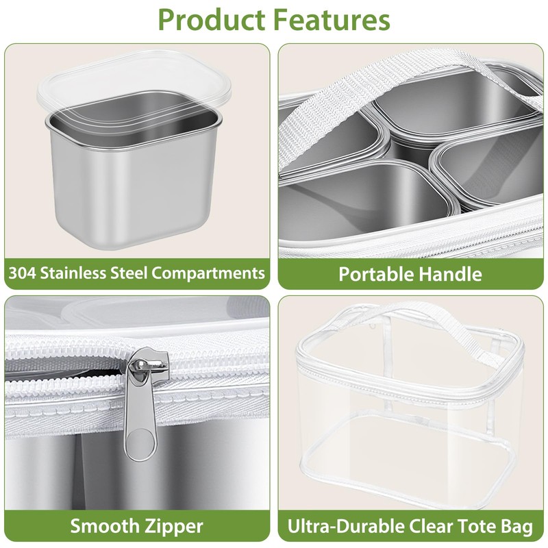 Snackle Box Container, 8 Stainless Steel Compartments with Individual Lids