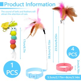 BangBoom 5 Pieces Interactive Cat Toy Set, Colorful Cat Feather Collar Toy & Hanging Cat Toy, Indoor Cat Teasing Wand Door Toy for Kitten Christmas Kitty Pet Play (5)