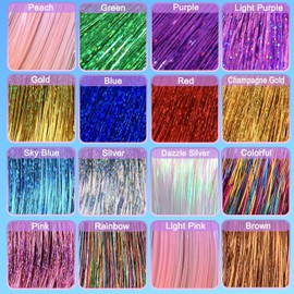 AMchoice Hair Tinsel Kit with Tools 16 Colors 3500 Strands Fairy Hair Tinsel Heat Resistant Sparkling Shiny Tinsel Hair Extensions 48 Inch Colorful Hair Tinsel strands Kit