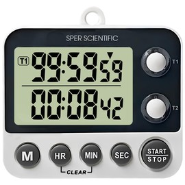 Sper Scientific 2 Channel Digital Lab + Kitchen Timer with Color Coded LED Lights 810002 – Dual Countdown Timer with Large Display, Loud Alarm & Clock Mode - for Cooking, Labs & More