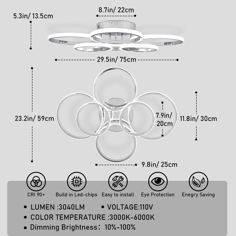 Sovinzert Modern Ceiling Lights, 6 Rings Dimmable Chrome LED Ceiling
