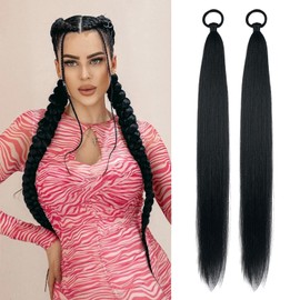 LyoRuSi Black Ponytail Extension 2 Pack Braid Ponytail Extension with Elastic Tie Straight Sleek Wrap Around Braid Hair Extensions Ponytail 26 Inch (Black#)
