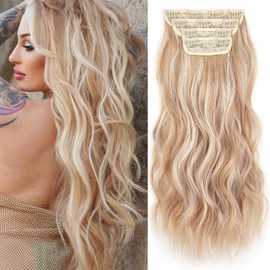MSCAT 20 Inch Bleach Blonde Curly Hair Extensions - Clip in Synthetic Hair Pieces, 4PCS Thick Curly Wavy, Brown Mix White Blonde