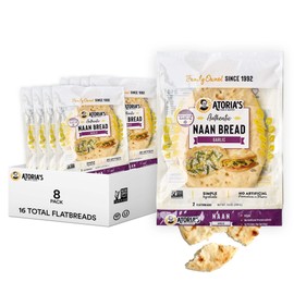 Atoria's Family Bakery Garlic Naan Flatbread 8 Pack | 16 Individual Naans | Fresh Baked, All Natural, GMO Free and No Artificial Preservatives or Flavors 8-Packs of 2 Sheets (16 Sheets)