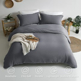 MILDLY Super Soft Duvet Cover - 100% Washed Microfiber Dark Grey Comforter Cover Set 3 Pieces with Zipper Closure & Corner Ties (No Comforter)