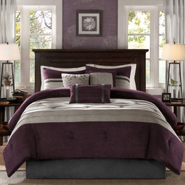 Madison Park - Palmer 7 Piece Comforter Set - Plum - Full - Pieced Microsuede - Includes 1 Comforter, 3 Decorative Pillows, 1 Bed Skirt, 2 Shams Purple Full(82"x90")