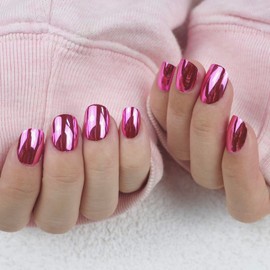 MISUD Kids Press on Nails - Kids Short Glue on Nails with Hot Pink, Acrylic Chrome Design 24 pcs