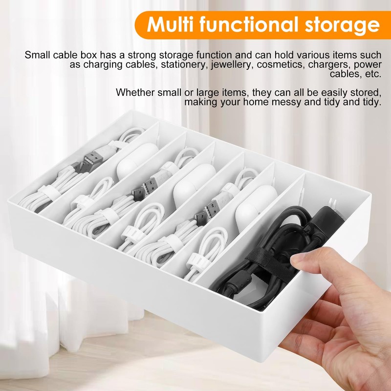 PZJFH Cable Storage Box, White Cable Organiser, Adjustable Dividers, Cable