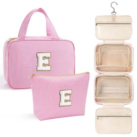 YOOLIFE Teen Girl Gifts Trendy Stuff - Birthday Gifts for 7 8 9 10 11 12 13 14 15 16 17 18 Year Old Teen Girls, Hanging Toiletry Bag Initial Makeup Bag - Letter E, Pink