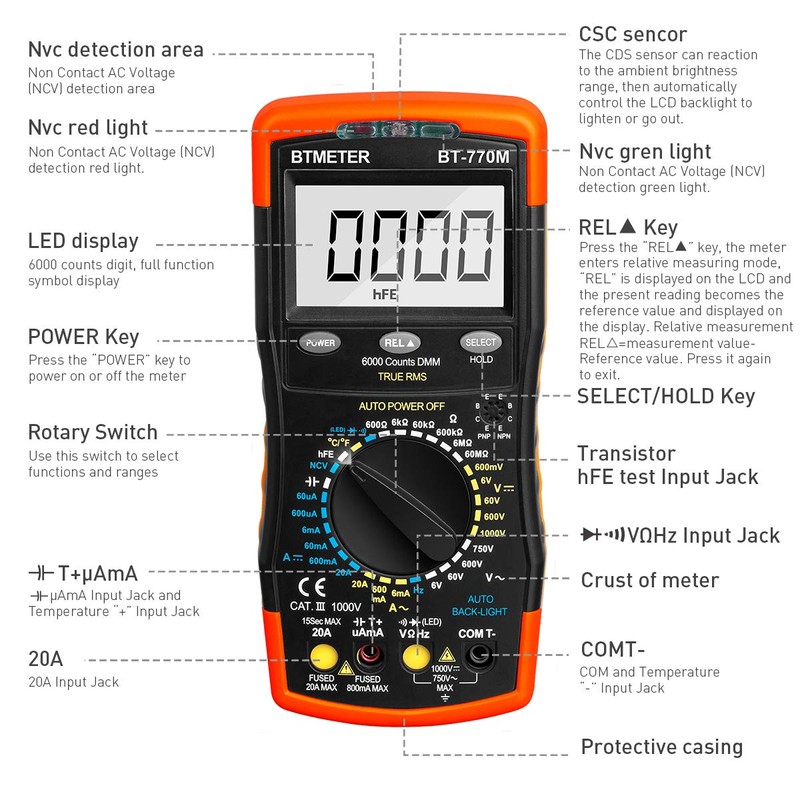 Digital Multimeter TRMS 6000 Count, BTMETER BT-770M Auto/Manual Ranging DMM