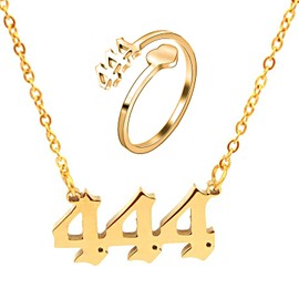 SMUK Angel Number Necklace, Dainty 18K Gold Plated Number 444 Necklace Gold Pendants Choker Necklace Numerology Jewelry with Angel Number Ring for Women and Girls Gifts (444-Gold)