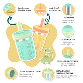Tronco Stainless Steel Sippy Toddler Cups, 10 oz Mason Jar Kids Smoothie Cups with Silicone Sleeves and Straws, Spill Proof, BPA-Free, Toddler Snack Cups