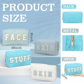 Pinkunn 4 Pcs Preppy Makeup Bags Christmas Gift Corduroy Chenille Letter Patch Bag Face Skin Hair Stuff Cosmetic Bag Travel Zipper Pouch Makeup Organizer for Girls Women (Blue Series Colors,Corduroy)