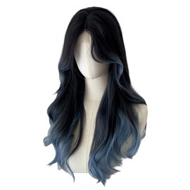 Black Blue Highlight Long Wavy Wig with Curtain Bang Ombre Blue Wigs for Women Middle Part Natural Heat Resistant Synthetic Fiber Wig for Daily Use