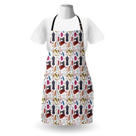Lunarable Fashion Apron, Pattern with Cartoon Tailoring Equipment as Sewing Machine Thread and Tape Measure, Unisex Kitchen Bib Apron with Adjustable Neck for Cooking Baking Gardening, Multicolor