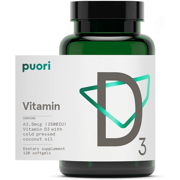 Puori Vitamin D3 with Organic Coconut Oil - 120 x 2500 IU - for Healthy Muscle Function, Bone Health, Immune Support and Calcium Uptake- Non-GMO and Gluten Free - For Children and Adults