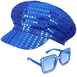 Yotako 2Pcs 70s Disco Hat Abba Hat Sequin Hat Blue Abba Accessories Women with Sequined Square Bling Sunglasses, Glitter Abba Costume Accessories Kit for Adult Women Girls Retro 70 Theme Dance Party