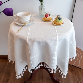 Gernaice Rustic Embroidered Small Tablecloth Lattice Square Tassel Table Cover Dust-Proof for Kitchen Dining Picnic Party Home Decoration (Square, 36x36 Inch, White)
