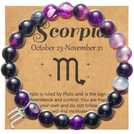 WATINC Constellation Zodiac Bracelet Scorpio Birthday Gifts for Women, Purple Natural Stone Astrology Bracelet with Charm Wish Card Envelop, Crystal Blessing Bracelet Jewelry for Bday (Scorpio)