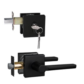 NEWBANG Keyed Deadbolt Lock with Passage Lever Handle for Exterior Entrance in Matte Black, Heavy Duty and Reversible, HD1601-DB-DT-PS-SET-1P