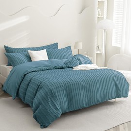 JELLYMONI Grayish Blue Duvet Cover King Size - 3PCS Microfiber Tufted Duvet Cover Set, Boho Striped Tufted Textured Duvet Cover with Corner Ties & Zipper Closure