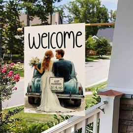 JAWO Welcome Bride and Groom Wedding Garden Flag Vertical Double Sided, Anniversary Holiday Party Yard Outdoor Floral Marriage Welcome Romantic Yard Outdoor Decoration (28X40)