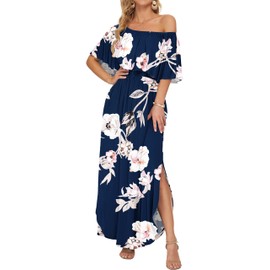 AUSELILY Womens Off The Shoulder Dress Summer Casual Long Ruffle Party Side Split Beach Maxi Dresses with Pockets New Flower Blue XL