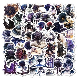 50-Piece Gothic Dark Rose Sticker – Vintage, Steampunk, Victorian-Inspired Floral Decals with Skulls, Crosses, Antique Elements for Scrapbooking, Journaling, Laptops, Water Bottles