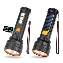 Solar Flashlights, 1500 Lumens Led Solar Powered Flashlights with Digital Display 2000mAh Battery Rechargeable Handheld Flashlights IP65 Waterproof Flashlights for Survival Emergencies, 2 Pack