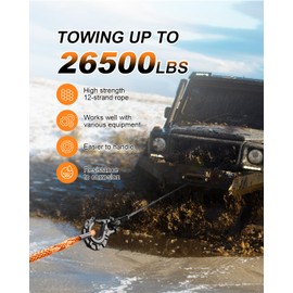 Kolvoii Winch Rope Extension 3/8 Inch x 50 Ft 26,500 Lbs, Synthetic Winch Extension Cable Line for Off Road Vehicle ATV UTV Truck etc (Orange)