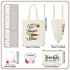 9 Pcs Teacher Appreciation Gifts Sets Teacher Makeup Pouch Cosmetic Bag Teacher Tote Bag Bulk Canvas Teacher Bangle Bracelet Teacher's Day Birthday Graduation Back to School Gift for Teacher
