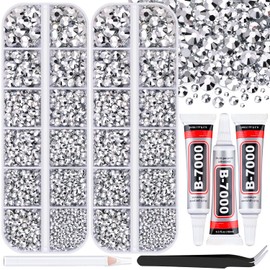 12000Pcs Resin Rhinestones for Bedazzling with 3Pcs B7000 Jewelry Glue, 2 Boxes Silver Flatback Rhinestones for Crafting Crafts DIY, Crystals Gems for Clothing Shoes Tumblers Nail Art Makeup