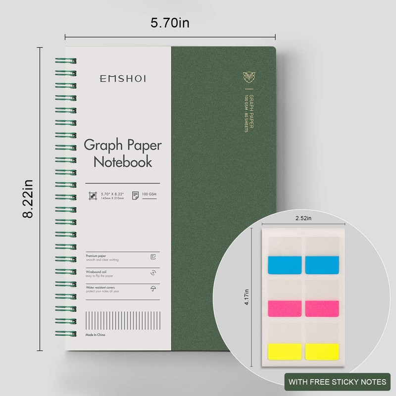 EMSHOI A5 Notebook Graph Paper, 4 Pack 640 Pages Spiral