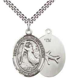 Saint Joseph of Cupertino Medal – Men's Sterling Silver Pendant with 24-Inch Light Rhodium Plated Heavy Curb Chain – Patron Saint of Pilots & Air Force – Velvet Gift Box Included