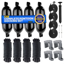 Five Oceans 4-Pack Pontoon Boat Fender Kit, Includes 6.5 x 23-Inch Black Fenders and Boat Bumpers Clips, Dock Lines 3/8" x 15', Ropes Lines 3/8-Inch x 5-Ft, Inflator Pump and Needles - FO4540-C1