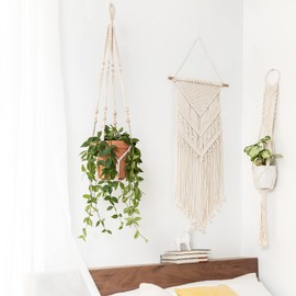 Mkono Macrame Plant Hanger Indoor Hanging Planter Basket with Wood Beads Decorative Flower Pot Holder No Tassels for Indoor Outdoor Boho Home Decor 35 Inch, Ivory, Set of 2 (POTS NOT Included)