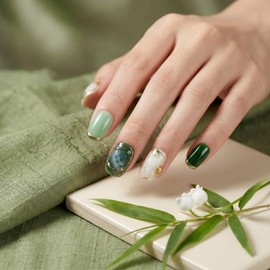 Sun&Beam Nails Handmade Press-on Short Squoval Round Green White Hand-Painted glossy Ombre Design Fashion False Nail Tips 10 Pcs Set (#033 XS)
