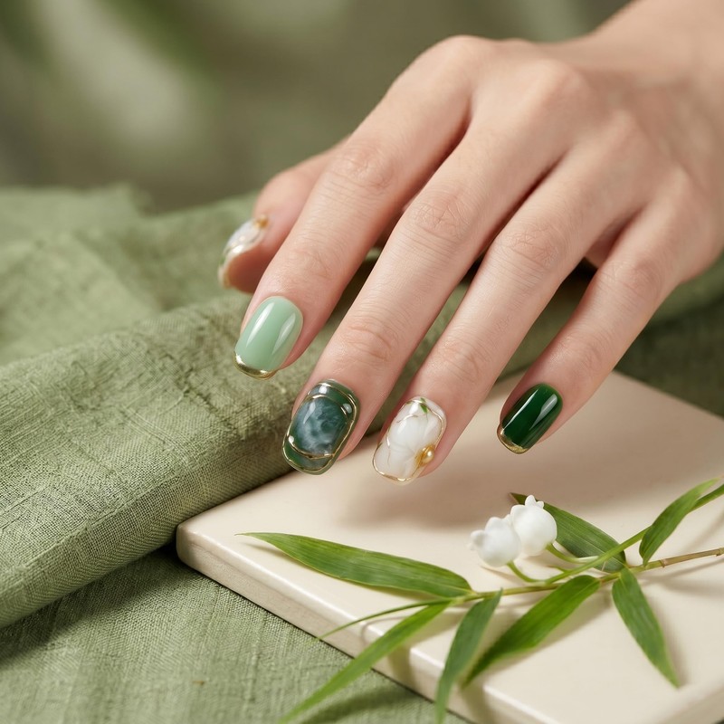 Sun&Beam Nails Handmade Press-on Short Squoval Round Green White Hand-Painted