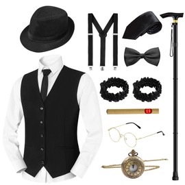 Mukum 11PCS 1920s Mens Costume Gangster Costume Men Set with Foldable Crutches Hat suspenders Pocket Watch Eyeglasses Tie Black-XL