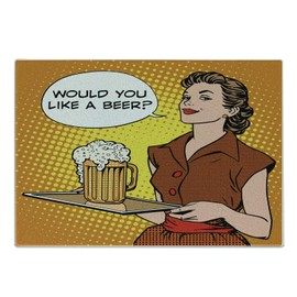 Lunarable Man Cave Cutting Board, Waitress with a Tray Saying Would You Like a Beer Comics Pop Art Style Retro, Decorative Tempered Glass Cutting and Serving Board, Small Size, Multicolor