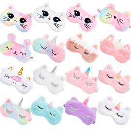 16 Pieces Kids Sleeping Mask Plush Sleeping Eye Cover for Kids Cute Unicorn Bunny Cat Rainbow Eye Mask for Sleeping Funny Sleep Eye Mask Blindfold for Adult Travel Lunch Break Pajama Party, 16 Styles