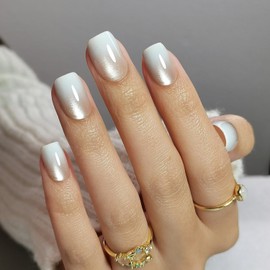 White Luxurious Cats Eye Soft Gel Press on Nails Short Length Square False Nails with Gradient Designs Thickened Artificial Fake Nails Full Cover Glue on Nails for Women Nail Art Accessories 30 Pcs