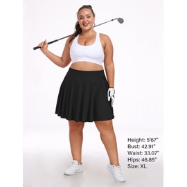 Moon Wood Knee Length Skirts for Women 4 Pockets High Waisted Plus Size Womens Tennis Skirt Athletic Golf Skirts with Shorts Black