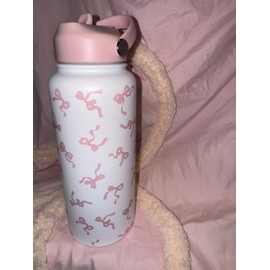 Bow Design, Insulated Water Bottle, 32 oz, White with Pink Bow Pattern, Stainless Steel, with two lids, magnetic lid for phone tripod